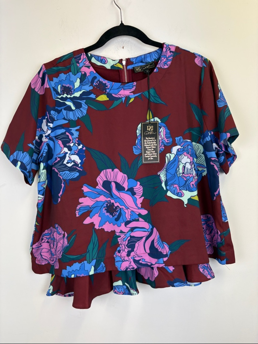 DG2 Diane Gilman Floral Peplum Top NWT Large Burgundy Statement Blouse